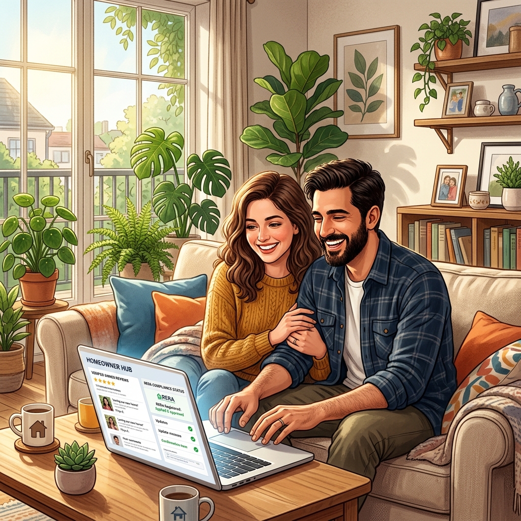 Prospective buyer reading verified reviews on laptop illustration
