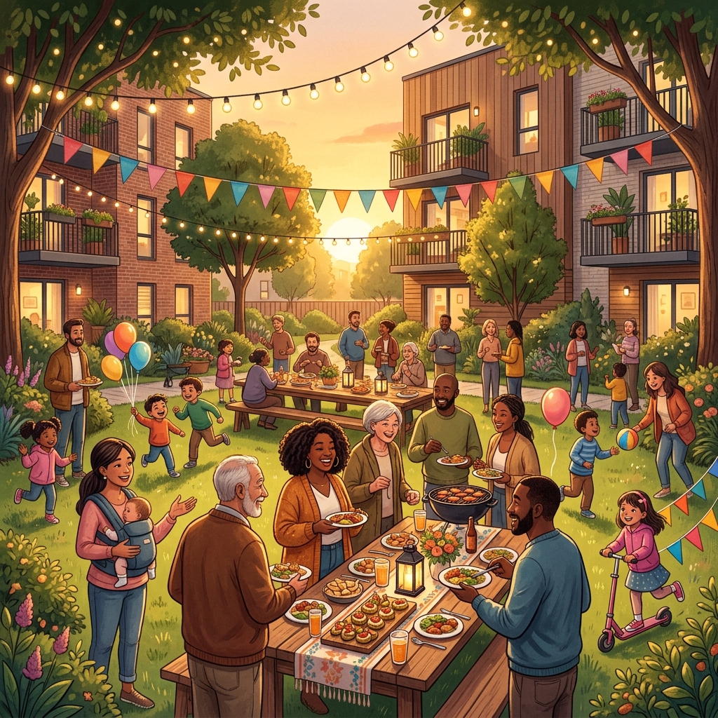 Happy neighbors chatting, families interacting, and children playing together in a community garden celebration